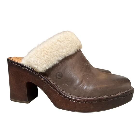 Born Shoes - Born Womens Size 8 Hope Shearling Lined Brown Full Grain Leather Heeled Clogs